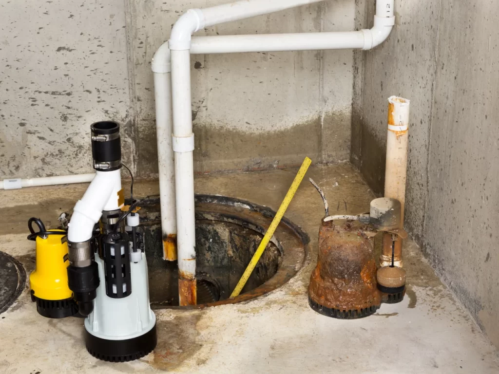 A basement sump pump system with two pumps, PVC pipes, and an open sump pit in a concrete floor, showing some water stains on the walls and floor.