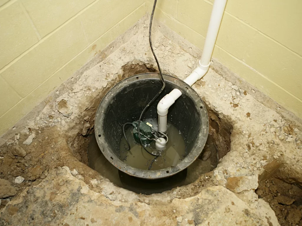 A sump pump installed in a basement floor pit, surrounded by broken concrete and exposed soil, with water inside the pit and white PVC pipes connected to the pump.