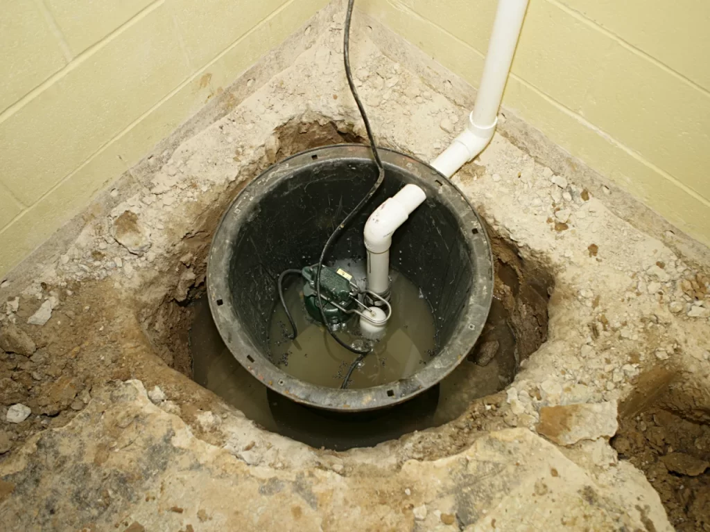 A sump pump installed in a basement floor, surrounded by broken concrete and dirt, with pipes connected and some water collected in the pit.
