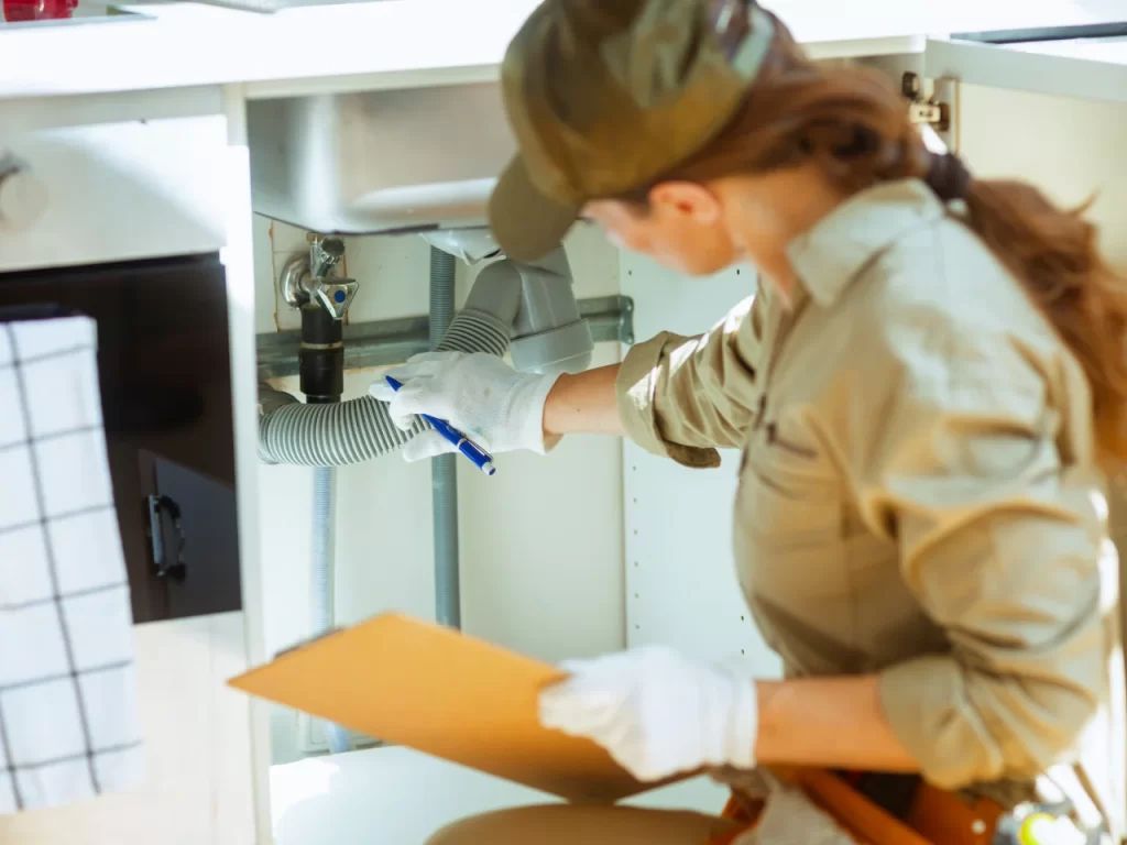 A woman wearing work gloves and uniform inspects pipes under a kitchen sink, holding a clipboard and pen, appearing to assess or repair plumbing.