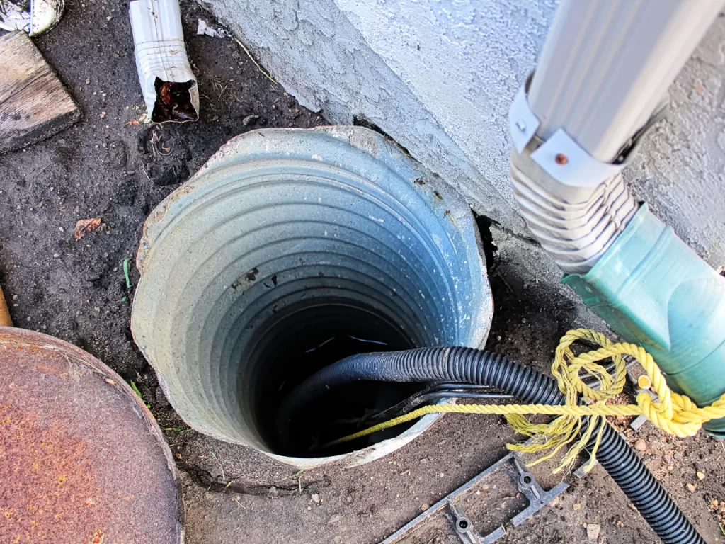 A large, corrugated metal pipe leads into the ground next to a house wall, with a black hose and yellow rope extending into the opening. A downspout and broken white pipe are nearby on bare soil.