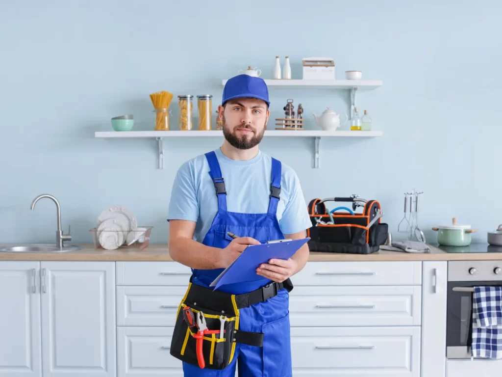 A repairman in blue overalls and a cap stands in a kitchen, holding a clipboard and pen. He has a tool belt with various tools and a toolbox on the counter behind him. White cabinets and shelves with kitchenware are visible.