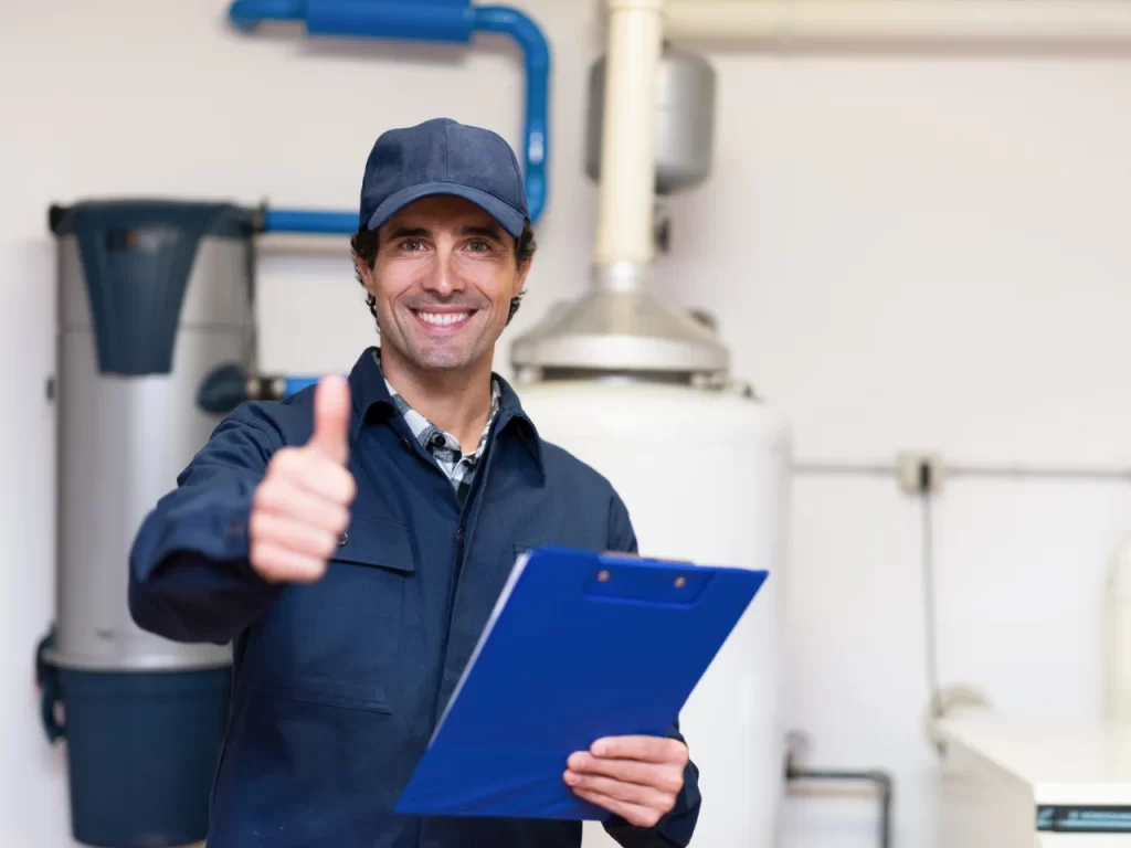 A smiling maintenance worker in a blue uniform and cap holds a clipboard and gives a thumbs-up in a utility room with pipes and equipment in the background.