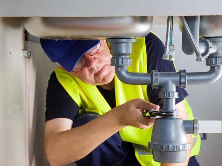 A plumber wearing a yellow safety vest and blue cap is working under a sink, using a wrench to tighten the plumbing pipes—an expert in drain repair and plumbing in Toronto.