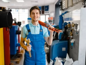 A smiling plumber in blue overalls stands in a workshop, holding a large adjustable wrench and a red pipe wrench, ready for drain repair and plumbing in Toronto. Various plumbing equipment and tools are visible in the background.