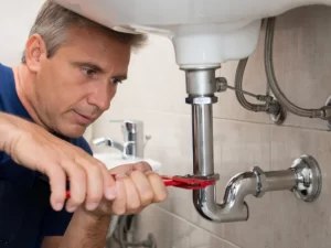 A plumber specializing in drain repair and plumbing in Toronto uses a red wrench to tighten a pipe under a white bathroom sink, focusing intently on the repair work.