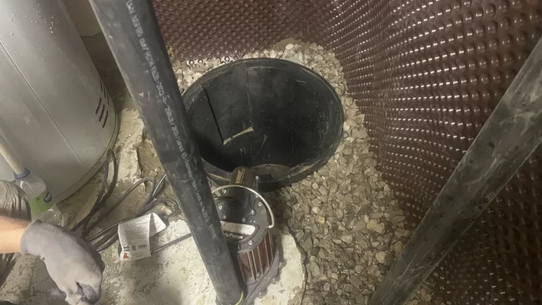 A person wearing a gray glove is working near a sump pit with exposed gravel, a submersible pump, black pipes, and utility equipment against a wall with dimpled brown waterproofing.