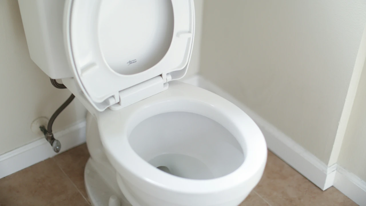 A clean white toilet with the lid and seat raised, positioned against a light-colored wall on a tiled bathroom floor.