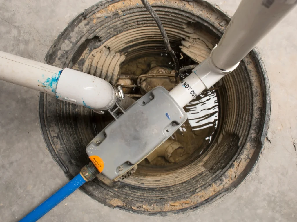 A close-up of a sump pump system installed in a concrete basement floor pit, with two white PVC pipes and an electrical box above standing water in the pit.