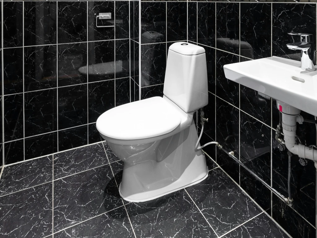 A modern bathroom with black marble tiles, featuring a white toilet, a wall-mounted white sink with exposed plumbing, and a silver faucet.